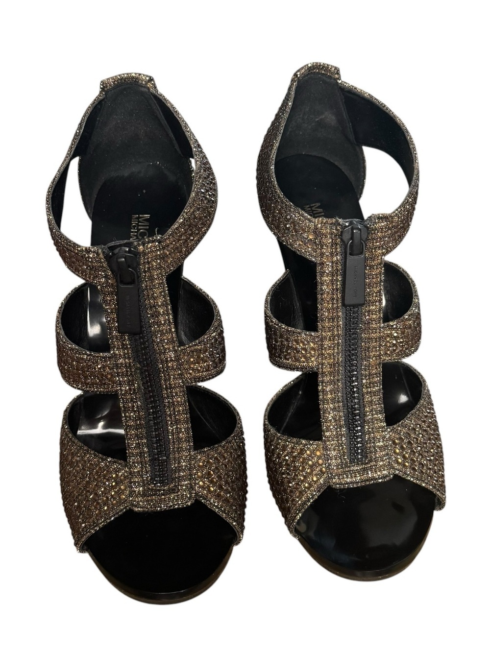 Michael Kors Strappy Black and Gold Metallic Rhinestone Zip-Heel Sandals Size 7M